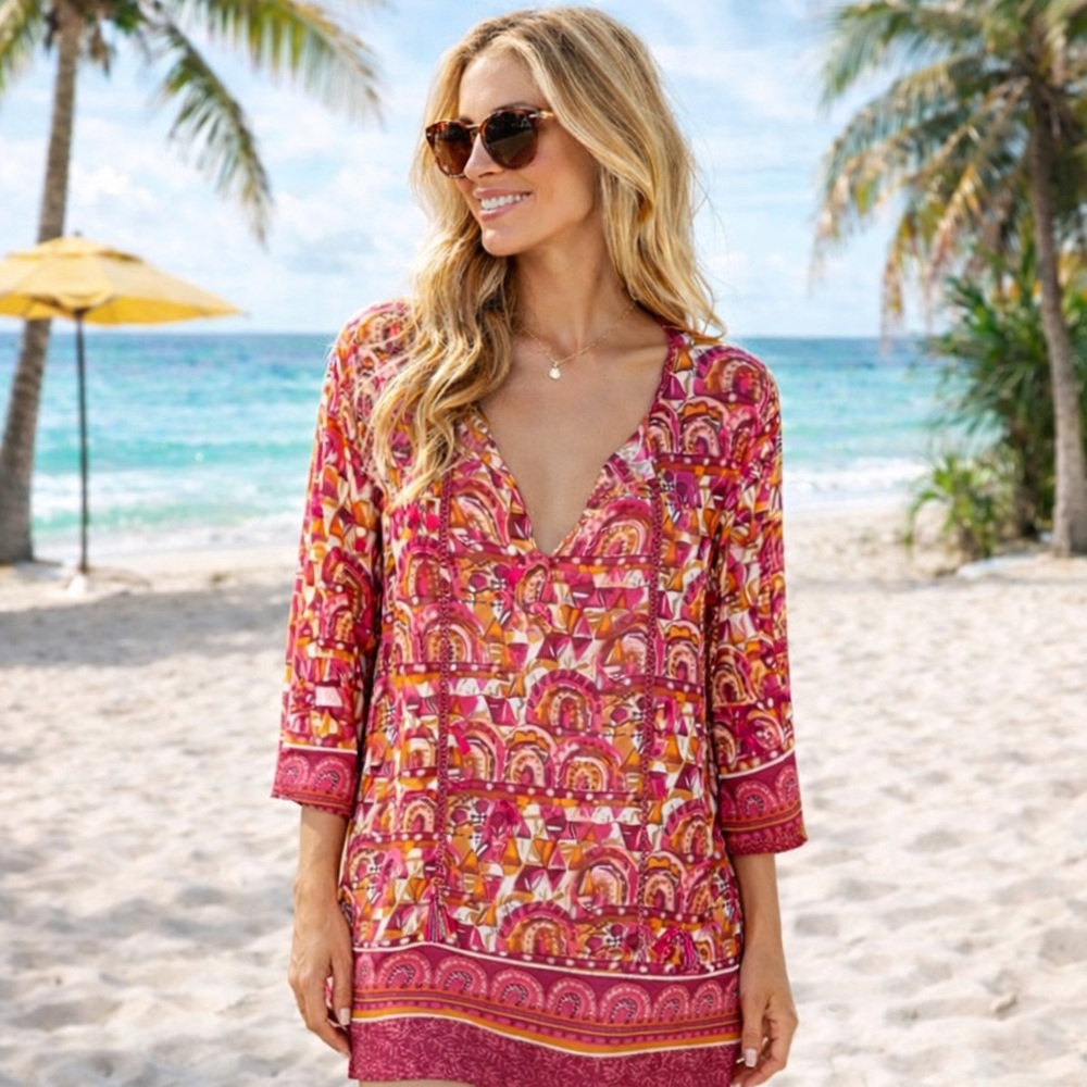 NWT ROCK FLOWER PAPER cranberry lightweight boho tie neck tunic Women's small